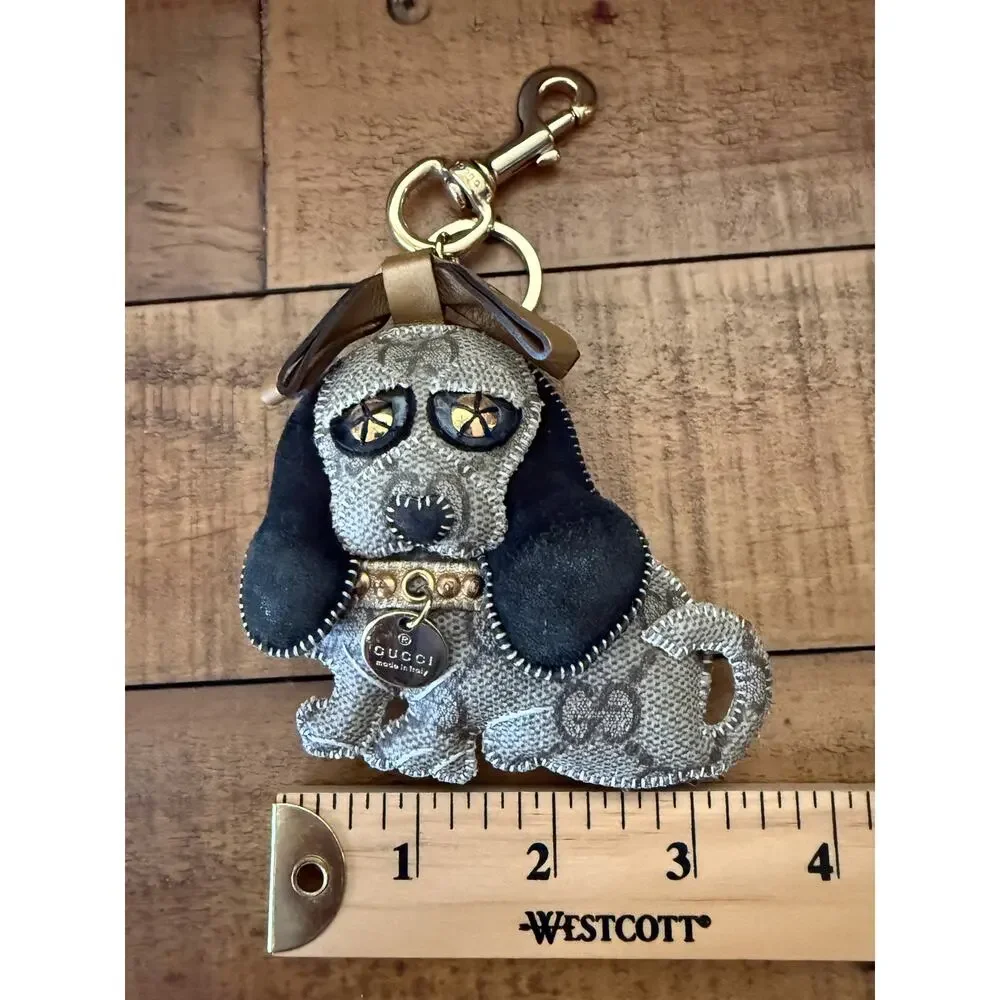Gucci Key Chain Women's Brown GG Canvas Leather Dog Bag Charm Made Italy - Picture 3 of 7